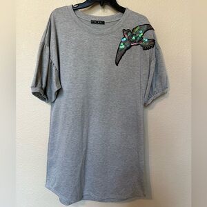 KIKI Gray T-Shirt Dress with Sequin Bird Embroidery Woman’s Size Large